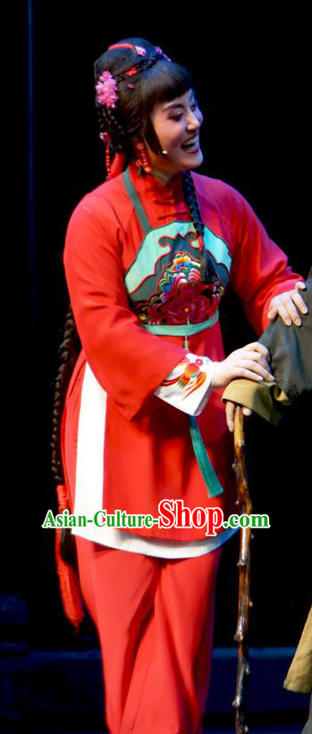 Chinese Shaoxing Opera Jiujin Girl Young Female Red Dress and Headpieces Yue Opera Hua Tan Garment Country Lady Costumes Apparels