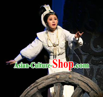 Chinese Shaoxing Opera Hua Tan Yuwen Fang White Dress Costumes and Headdress Da Mo Li Ge Yue Opera Garment Actress Apparels