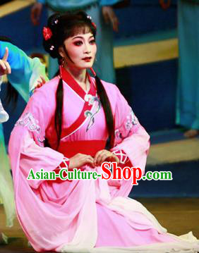 Chinese Shaoxing Opera Country Lady Lin Moniang Rosy Dress Costumes and Headpieces Ma Zu Yue Opera Actress Garment Hua Tan Apparels