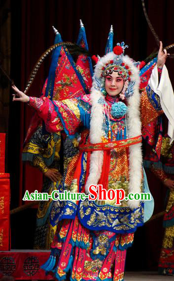 Chinese Kun Opera Female General Kao Costumes Princess Baihua Peking Opera Blues Garment Apparels Red Armor Suit with Flags and Headdress