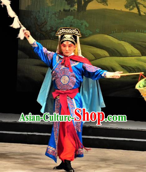 Chinese Classical Kun Opera Martial Man The Palace of Eternal Youth Costumes Garment and Hat Peking Opera Wusheng Blue Apparels