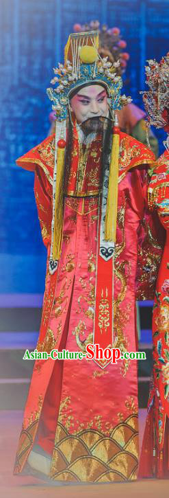 Chinese Classical Kun Opera Tang Emperor The Palace of Eternal Youth Costumes Garment and Headwear Peking Opera Apparels Elderly Male Red Ceremonial Robe