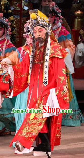 Chinese Classical Kun Opera Costumes The Palace of Eternal Youth Apparels Peking Opera Emperor Garment Red Embroidered Robe and Headwear