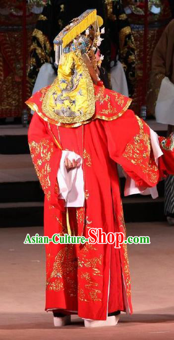 Chinese Classical Kun Opera Costumes The Palace of Eternal Youth Apparels Peking Opera Emperor Garment Red Embroidered Robe and Headwear
