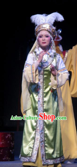 Chinese Shaoxing Opera Young Female Dress Garment Costumes and Headdress Xi Ma Qiao Yue Opera Ethnic Princess A Jiao Apparels