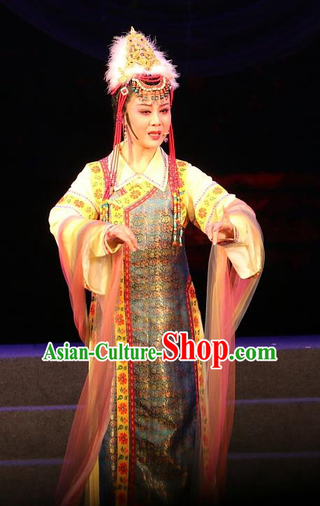 Chinese Shaoxing Opera Young Woman Dress Costumes and Headwear Xi Ma Qiao Yue Opera Princess A Jiao Garment Apparels