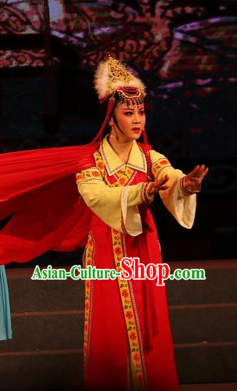 Chinese Shaoxing Opera Hua Tan Young Female Apparels Costumes and Headwear Xi Ma Qiao Yue Opera Princess A Jiao Red Dress Garment