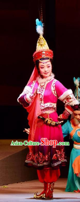 Chinese Shaoxing Opera Young Female Rosy Costumes and Headwear Xi Ma Qiao Yue Opera Hua Tan Princess A Jiao Dress Garment Apparels