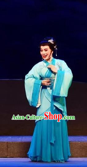 Chinese Shaoxing Opera Civilian Female Garment Costumes and Headpieces Xi Ma Qiao Yue Opera Actress Xiao Yueying Blue Dress Apparels