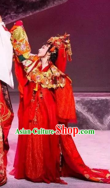 Chinese Shaoxing Opera Actress Wedding Garment Costumes and Headdress Dong Jun Qu Qi Yue Opera Hua Tan Zhi Lan Red Dress Apparels