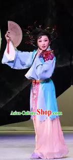 Chinese Shaoxing Opera Country Girl Blue Dress Garment and Headdress Dong Jun Qu Qi Yue Opera Hua Tan Apparels Costumes