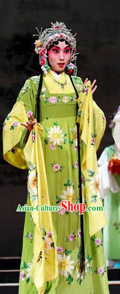 Chinese Kun Opera Court Lady Green Dress The Palace of Eternal Youth Costumes Peking Opera Hua Tan Actress Apparels Garment and Headpieces