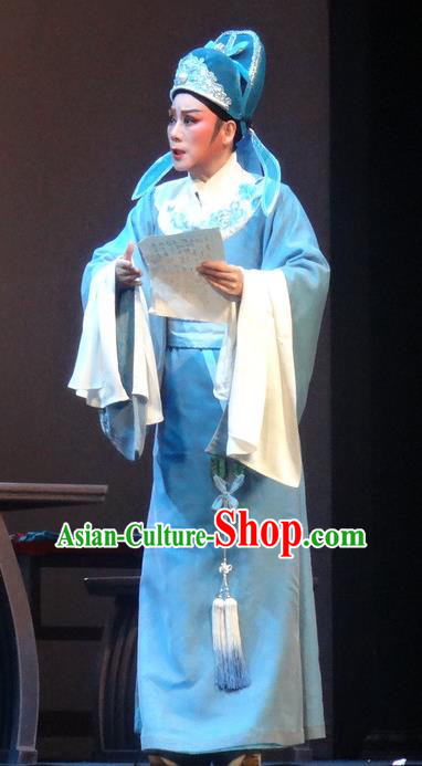 Chinese Shaoxing Opera Scholar Blue Robe Garment Yue Opera Shuang Fei Yi Young Male Apparels Li Shangyin Costumes and Hat