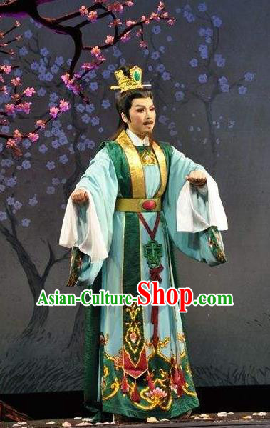 Chinese Shaoxing Opera Scholar Garment Yue Opera Shuang Fei Yi Apparels Male Green Official Costumes and Headpieces