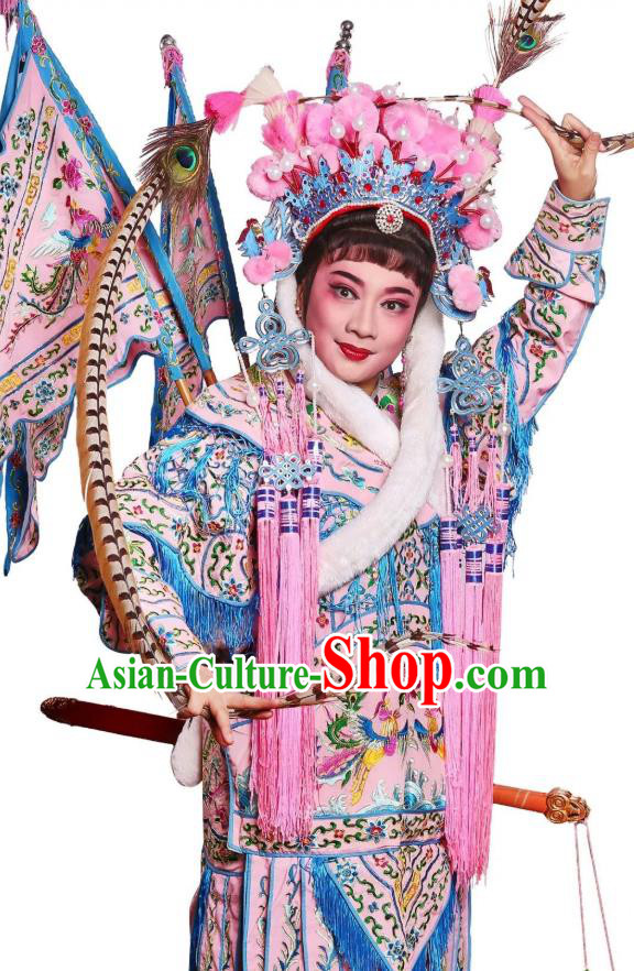 Chinese Kun Opera Martial Female Pink Kao Armor Suit with Flags Princess Baihua Peking Opera Blues Garment Apparels General Costumes and Headdress