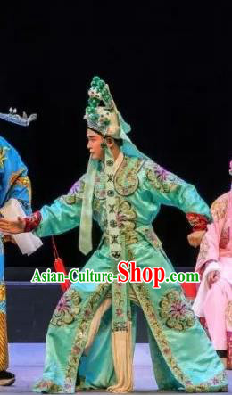 Chinese Classical Kun Opera Martial Men Apparels Princess Baihua Peking Opera Wusheng Costumes Green Garment and Helmet