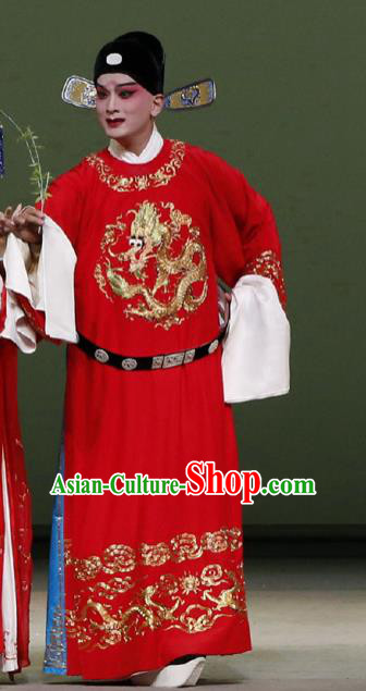 Chinese Classical Kun Opera Scholar Young Male Wedding Garment The Purple Hairpin Peking Opera Bridegroom Red Costumes and Hat