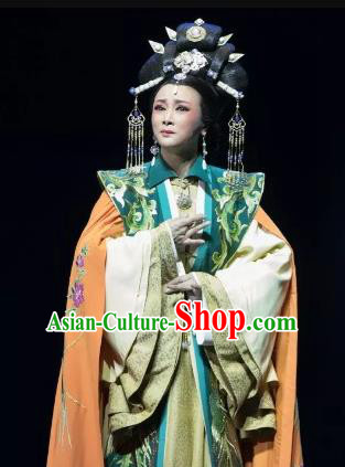 Chinese Shaoxing Opera Actress Queen Garment Costumes and Headdress Wang Yangming Yue Opera Hua Tan Dress Apparels