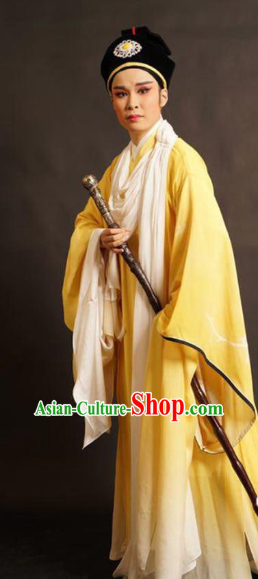 Chinese Yue Opera Young Male Wu Yi Lane Wang Huizhi Yellow Costumes Apparels and Headwear Shaoxing Opera Xiaosheng Scholar Garment