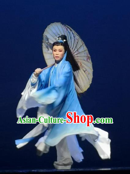 Chinese Yue Opera Xiaosheng Scholar Wang Huizhi Blue Garment Wu Yi Lane Apparels and Headwear Shaoxing Opera Young Male Costumes