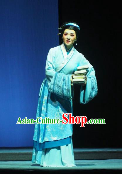 Chinese Shaoxing Opera Country Woman Blue Dress Costumes and Headpieces Su Qin Yue Opera Hua Tan Young Female Garment Apparels