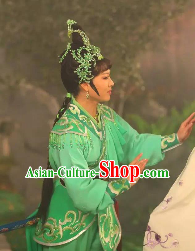 Chinese Shaoxing Opera Martial Female Garment Costumes and Headpieces Legend of White Snake Yue Opera Wudan Green Dress Apparels