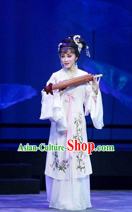 Chinese Shaoxing Opera Actress Bai Suzhen Garment Costumes Apparels and Headdress Legend of White Snake Yue Opera Hua Tan Dress