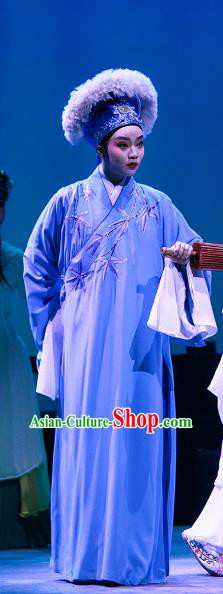 Legend of White Snake Chinese Yue Opera Young Male Apparels Costumes and Headwear Shaoxing Opera Scholar Xu Xian Garment Embroidered Blue Robe