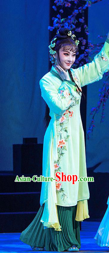 Chinese Shaoxing Opera Xiaodan Actress Garment Costumes Apparels and Headdress Legend of White Snake Yue Opera Young Lady Green Dress