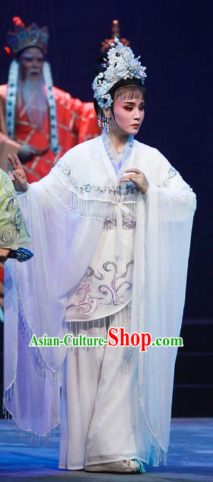 Chinese Shaoxing Opera Wu Dan Actress Bai Suzhen Garment Costumes and Headdress Legend of White Snake Yue Opera Hua Tan White Dress Apparels