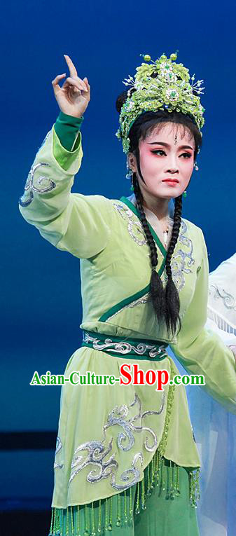 Chinese Shaoxing Opera Xiaodan Green Dress Garment Costumes and Headdress Legend of White Snake Yue Opera Wudan Actress Apparels