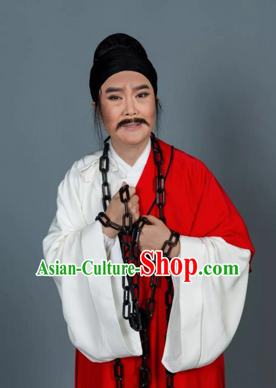 Baozheng Tears Chinese Yue Opera Prisoner Apparels and Headwear Shaoxing Opera Middle Age Male Garment Costumes