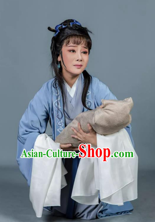 Chinese Shaoxing Opera Tsing Yi Dress Baozheng Tears Hua Tan Costumes and Headpieces Yue Opera Distress Maiden Garment Apparels