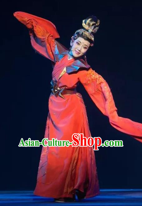 Chinese Shaoxing Opera Martial Female Red Apparels Costumes and Headdress The Story of Goddess Yue Opera Actress Han Ba Garment