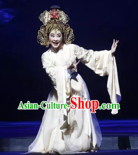 Chinese Shaoxing Opera Hua Tan Su Nv Apparels Costumes and Headdress The Story of Goddess Yue Opera Actress Empress Garment