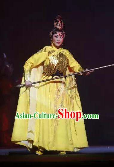 Chinese Shaoxing Opera Swordswoman Yellow Dress Apparels Costumes and Headdress The Story of Goddess Yue Opera Martial Female Su Nv Garment