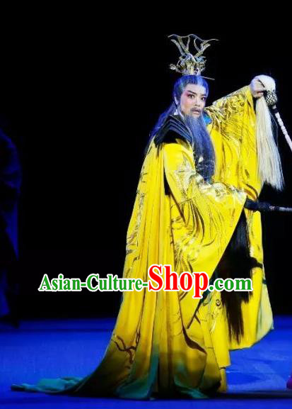 The Story of Goddess Chinese Yue Opera Laosheng Huang Di Apparels and Headwear Shaoxing Opera Elderly Male Emperor Garment Costumes