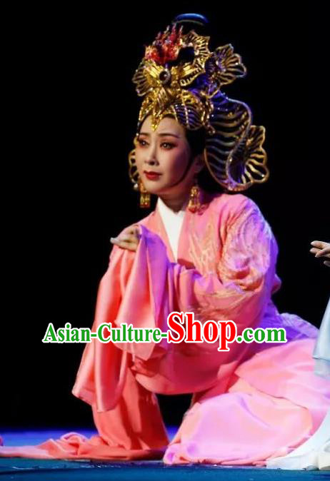 Chinese Shaoxing Opera Hua Tan Apparels Costumes and Headdress The Story of Goddess Yue Opera Actress Pink Dress Garment