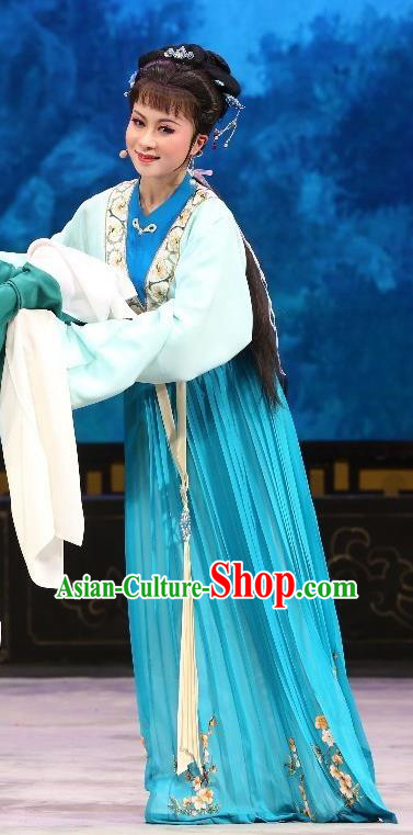 Chinese Shaoxing Opera Actress Chen Sanliang Apparels Hua Zhong Jun Zi Costumes and Headpieces Yue Opera Hua Tan Blue Dress Garment