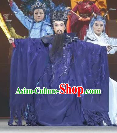 The Story of Goddess Chinese Yue Opera Elderly Male Purple Apparels Costumes and Headwear Shaoxing Opera Laosheng Garment