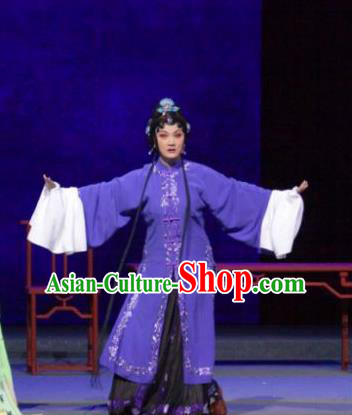 Chinese Shaoxing Opera Hua Tan Purple Dress Costumes and Headpieces Tuan Yuan Zhi Hou Yue Opera Distress Maiden Garment Apparels