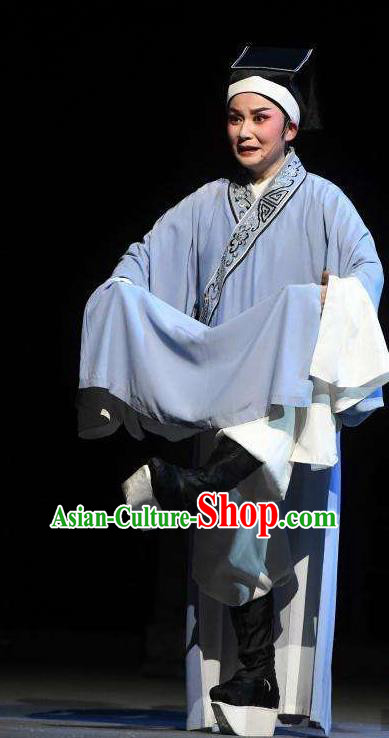 Chinese Yue Opera Tuan Yuan Zhi Hou Xiaosheng Shi Qiaosheng Costumes and Hat Shaoxing Opera Young Male Scholar Blue Robe Garment Apparels