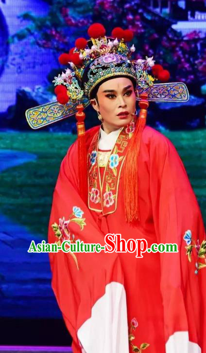 Chinese Yue Opera Young Male Chen Shimei Costumes and Headwear Shaoxing Opera Tian Dao Zheng Yi Garment Apparels Scholar Red Official Robe