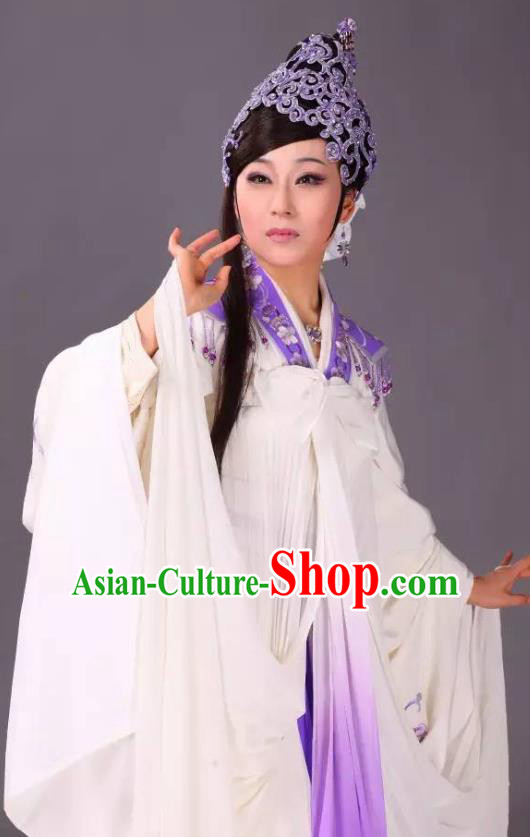 Chinese Shaoxing Opera Young Female Costumes and Headdress Legend of White Snake Yue Opera Actress Bai Suzhen Dress Garment Apparels