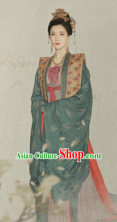 Traditional Chinese Ancient Royal Queen Cao Danshu Historical Costumes Drama Serenade of Peaceful Joy Song Dynasty Empress Hanfu Dress and Hair Jewelry