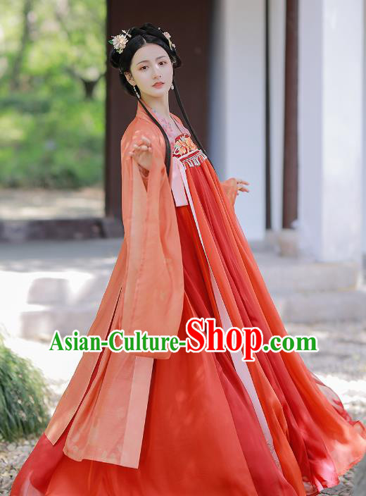 Traditional Chinese Tang Dynasty Embroidered Red Hanfu Dress Historical Costumes Ancient Court Lady Garment