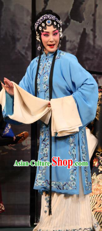 Xianglian Case Chinese Shaoxing Opera Tsing Yi Blue Cape Apparels Costumes and Headdress Yue Opera Distress Maiden Actress Qin Xianglian Garment