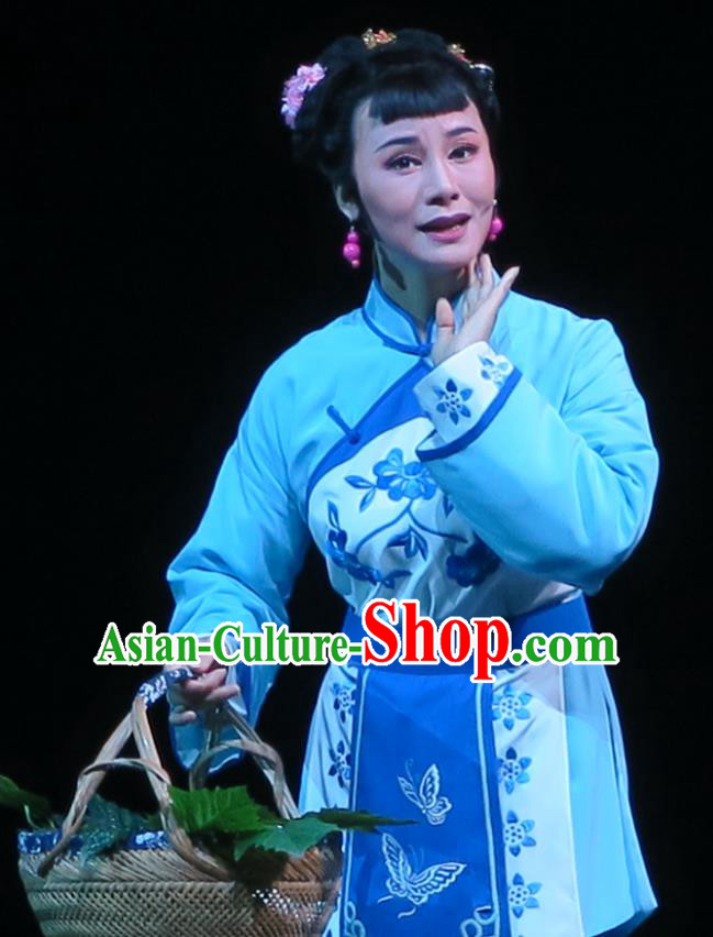 Chinese Shaoxing Opera Village Girl Costumes and Headpieces Wu Gu Niang Yue Opera Young Lady Garment Apparels