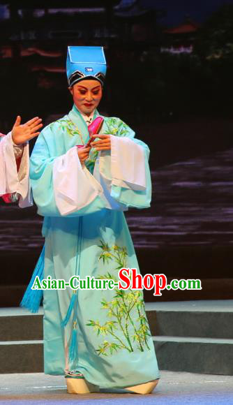 Chinese Yue Opera Young Man Qing Jian Fan Ying Apparels and Headwear Shaoxing Opera Xiaosheng Garment Scholar Green Embroidered Robe Costumes