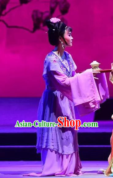 Chinese Shaoxing Opera Xiaodan Purple Dress Costumes and Headpieces Hu Po Yuan Yue Opera Servant Girl Garment Apparels